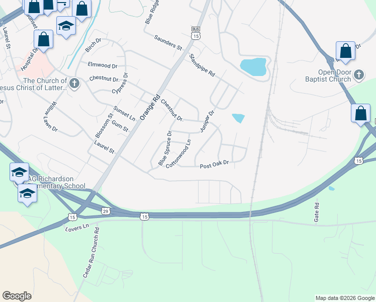 map of restaurants, bars, coffee shops, grocery stores, and more near 2169 Cottonwood Lane in Culpeper
