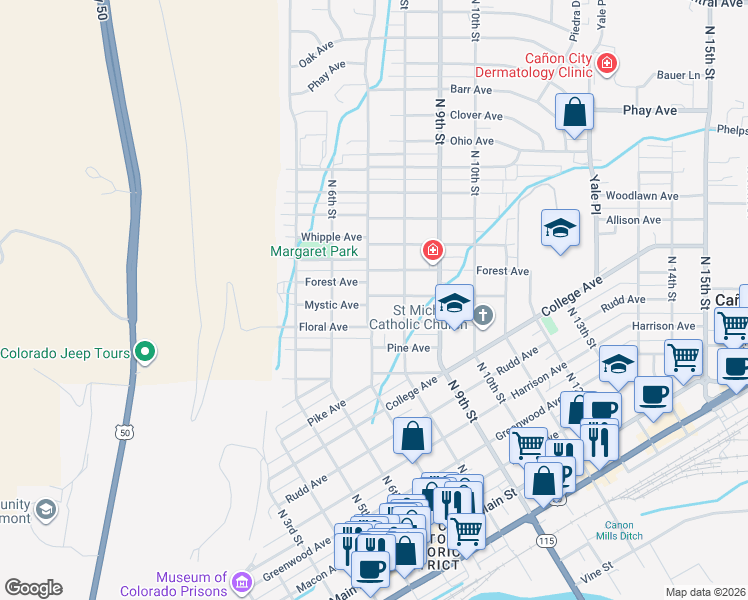 map of restaurants, bars, coffee shops, grocery stores, and more near 708 Mystic Avenue in Cañon City