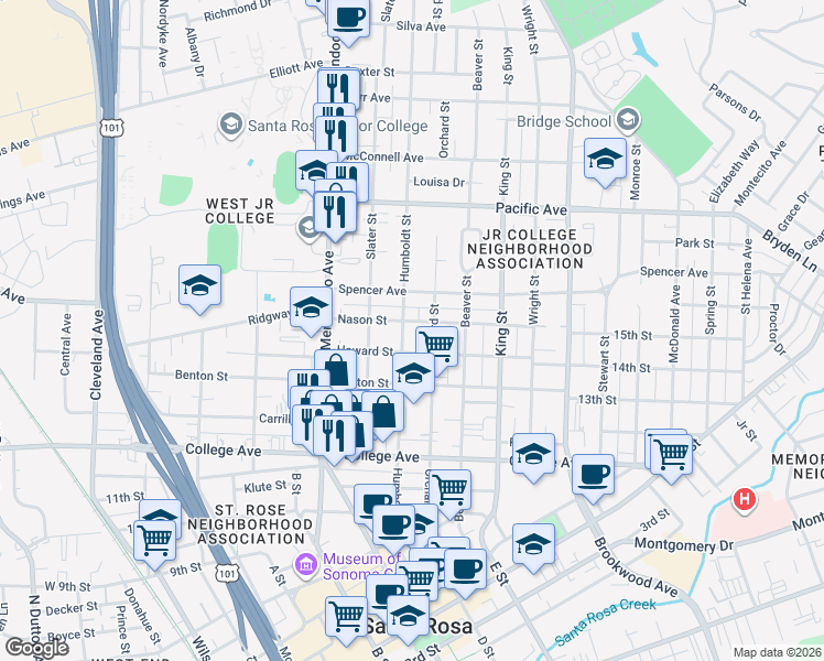 map of restaurants, bars, coffee shops, grocery stores, and more near 922 Humboldt Street in Santa Rosa