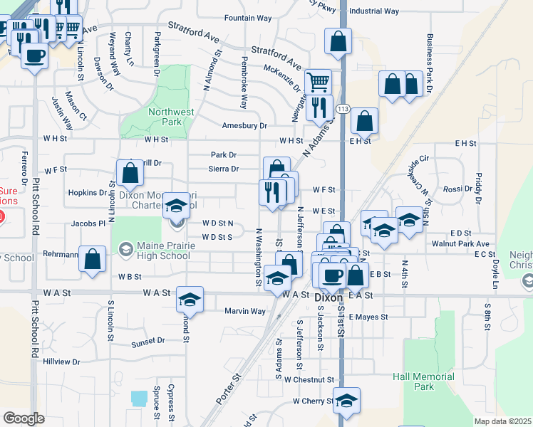 map of restaurants, bars, coffee shops, grocery stores, and more near 491 West E Street in Dixon