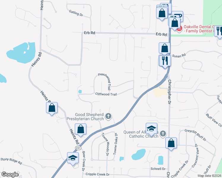 map of restaurants, bars, coffee shops, grocery stores, and more near 6348 Peachwood Trail in St. Louis