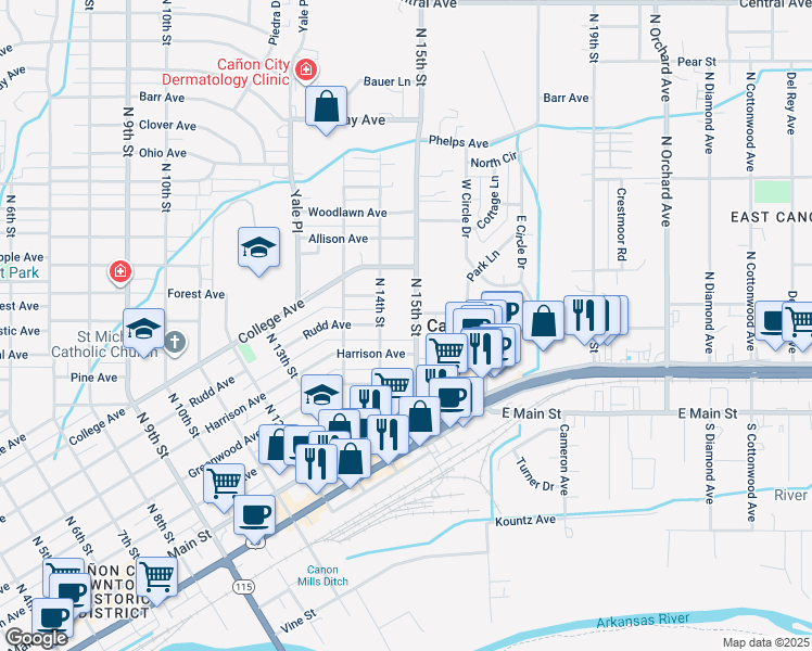 map of restaurants, bars, coffee shops, grocery stores, and more near 319 North 15th Street in Cañon City