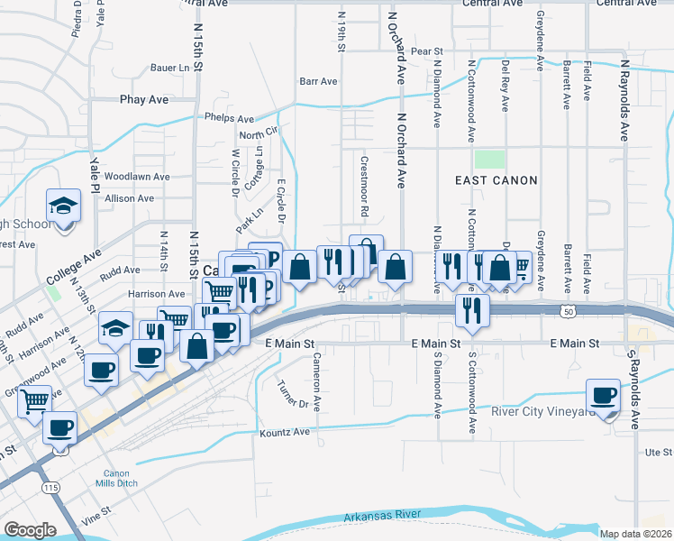 map of restaurants, bars, coffee shops, grocery stores, and more near 217 North 19th Street in Cañon City