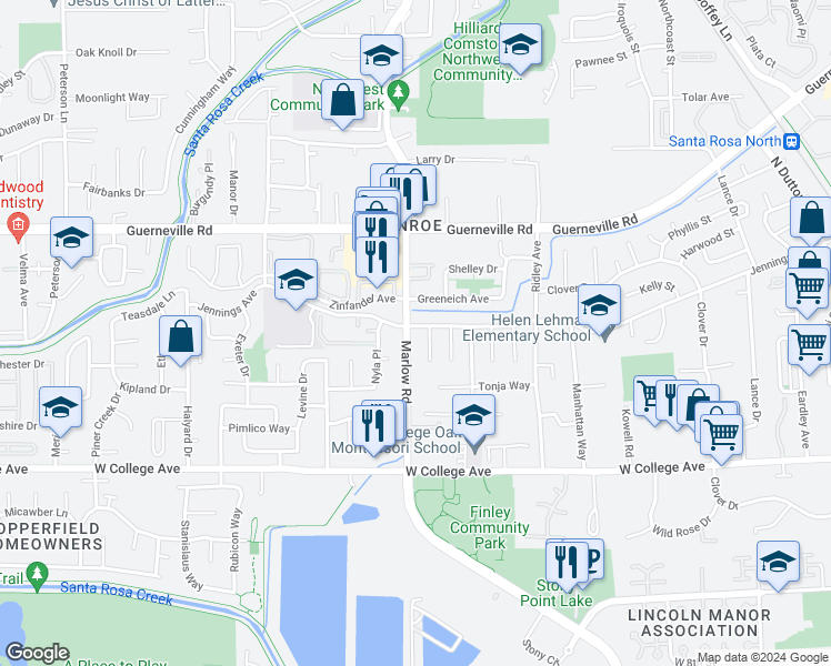 map of restaurants, bars, coffee shops, grocery stores, and more near 1554 Marlow Road in Santa Rosa
