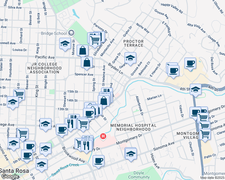 map of restaurants, bars, coffee shops, grocery stores, and more near 1776 Proctor Drive in Santa Rosa