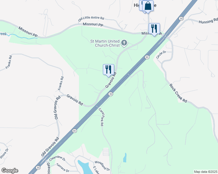 map of restaurants, bars, coffee shops, grocery stores, and more near 3392 Gravois Road in High Ridge
