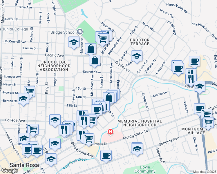 map of restaurants, bars, coffee shops, grocery stores, and more near 1007 Saint Helena Avenue in Santa Rosa