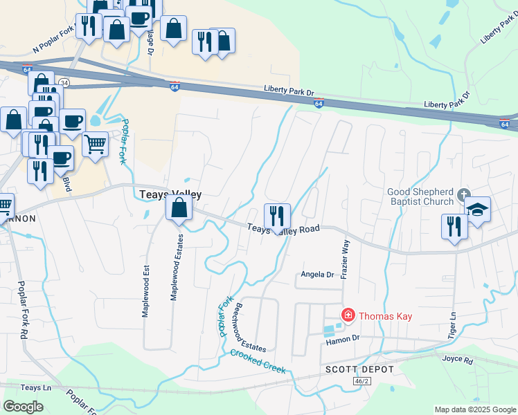 map of restaurants, bars, coffee shops, grocery stores, and more near 833 Oakwood Estate in Teays Valley