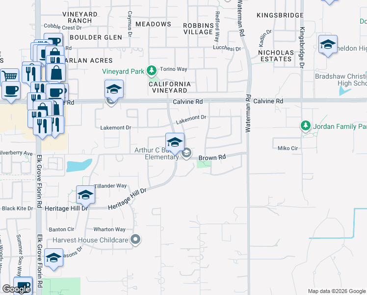 map of restaurants, bars, coffee shops, grocery stores, and more near 8488 Camino Vista Way in Elk Grove