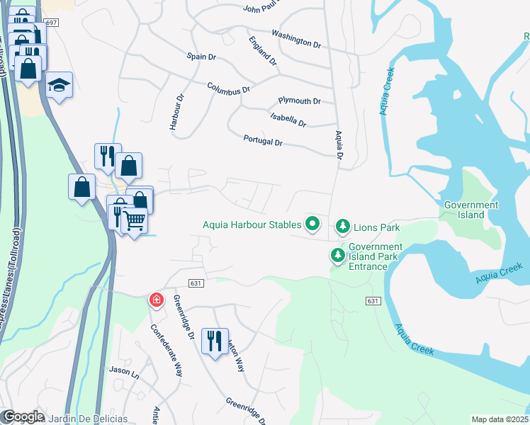 map of restaurants, bars, coffee shops, grocery stores, and more near 126 White Pine Circle in Stafford