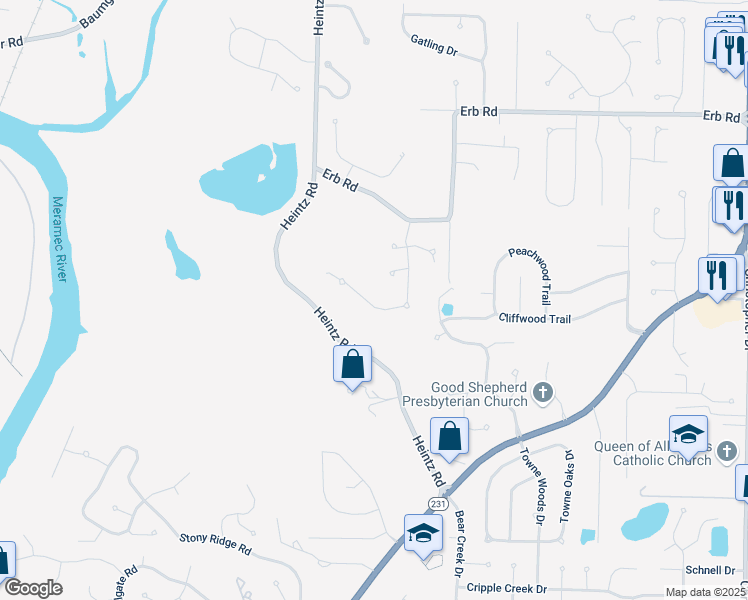 map of restaurants, bars, coffee shops, grocery stores, and more near 2927 Sean Parkway in St. Louis