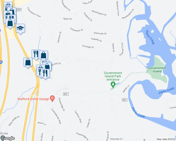 map of restaurants, bars, coffee shops, grocery stores, and more near 126 White Pine Circle in Stafford