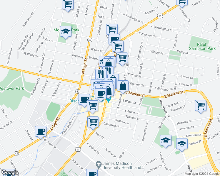 map of restaurants, bars, coffee shops, grocery stores, and more near 2 North Main Street in Harrisonburg