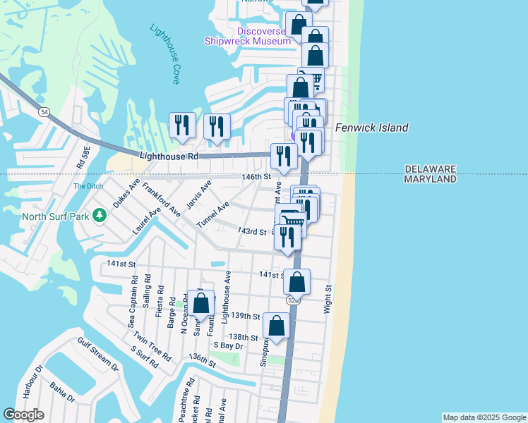 map of restaurants, bars, coffee shops, grocery stores, and more near 211 144th Street in Ocean City
