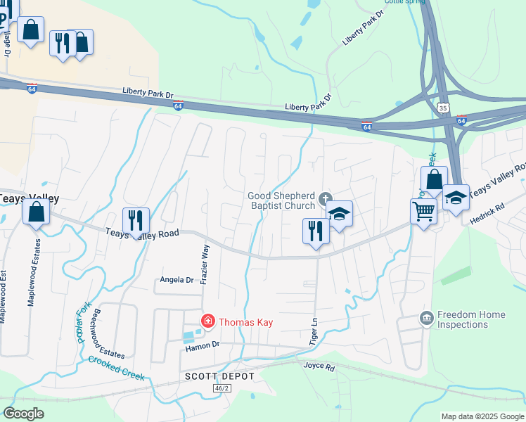 map of restaurants, bars, coffee shops, grocery stores, and more near 155 Tyler Way in Teays Valley