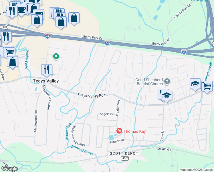map of restaurants, bars, coffee shops, grocery stores, and more near 109 Hidden Valley Estates in Teays Valley