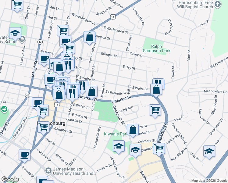 map of restaurants, bars, coffee shops, grocery stores, and more near 464 East Elizabeth Street in Harrisonburg