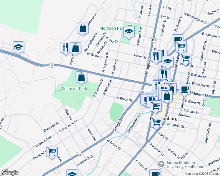 map of restaurants, bars, coffee shops, grocery stores, and more near 473 West Water Street in Harrisonburg