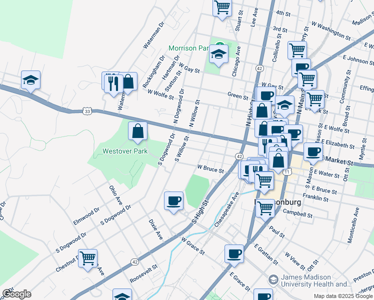 map of restaurants, bars, coffee shops, grocery stores, and more near 473 West Water Street in Harrisonburg