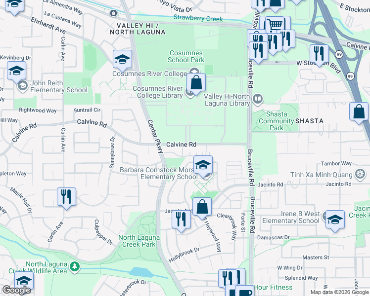 map of restaurants, bars, coffee shops, grocery stores, and more near 6730 Calvine Road in Sacramento