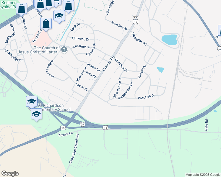 map of restaurants, bars, coffee shops, grocery stores, and more near 2256 Forsythia Drive in Culpeper