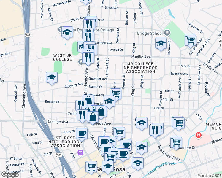 map of restaurants, bars, coffee shops, grocery stores, and more near 716 Nason Street in Santa Rosa