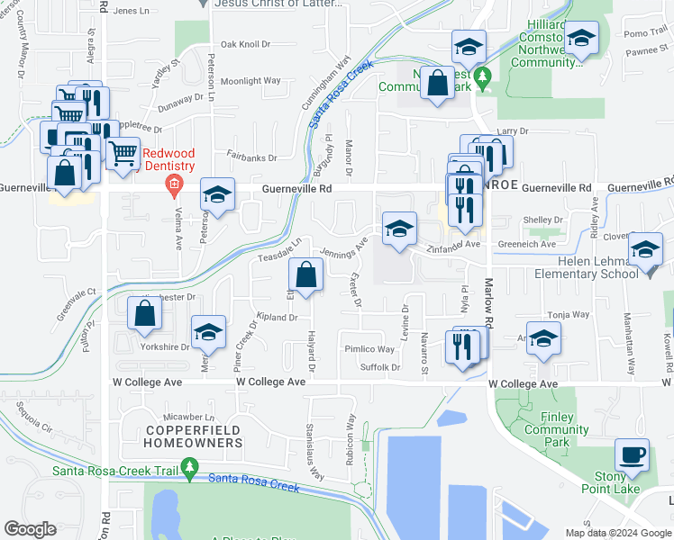 map of restaurants, bars, coffee shops, grocery stores, and more near 2315 South Hampton Circle in Santa Rosa