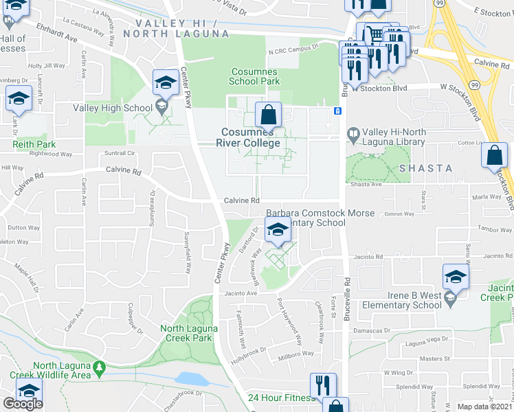 map of restaurants, bars, coffee shops, grocery stores, and more near 6730 Calvine Road in Sacramento