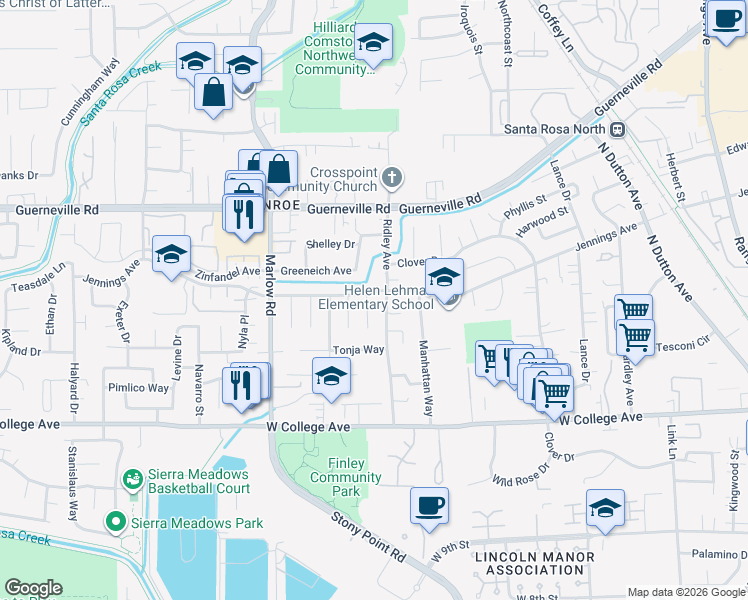 map of restaurants, bars, coffee shops, grocery stores, and more near 1537 Ridley Avenue in Santa Rosa