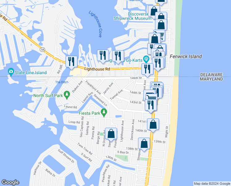 map of restaurants, bars, coffee shops, grocery stores, and more near 14400 McCabe Avenue in Ocean City