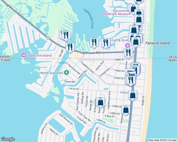 map of restaurants, bars, coffee shops, grocery stores, and more near 14201 Laurel Avenue in Ocean City