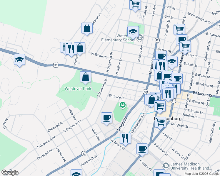map of restaurants, bars, coffee shops, grocery stores, and more near 473 West Water Street in Harrisonburg