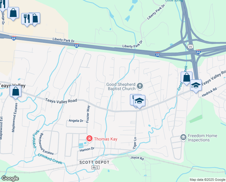 map of restaurants, bars, coffee shops, grocery stores, and more near 155 Tyler Way in Teays Valley