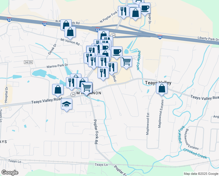 map of restaurants, bars, coffee shops, grocery stores, and more near 4630 Teays Valley Road in Teays Valley