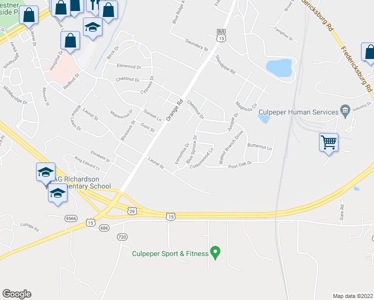 map of restaurants, bars, coffee shops, grocery stores, and more near 2237 Forsythia Drive in Culpeper