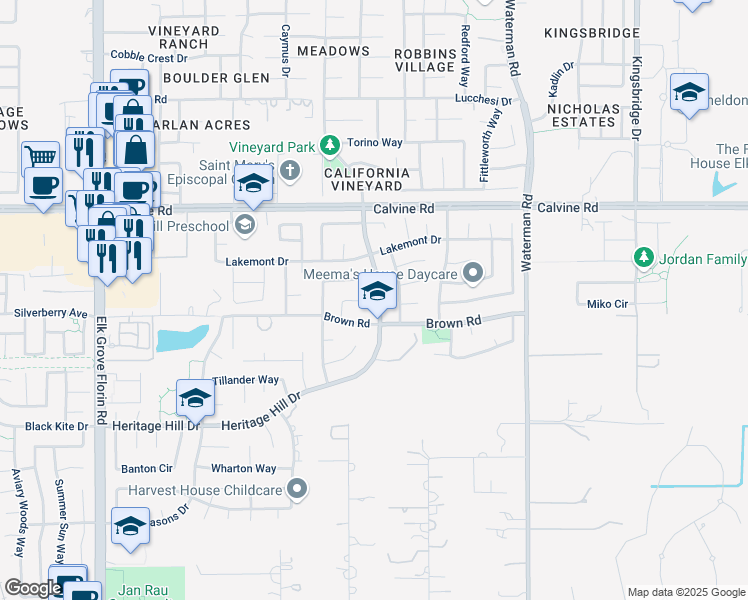 map of restaurants, bars, coffee shops, grocery stores, and more near 8453 Banyon Tree Court in Elk Grove
