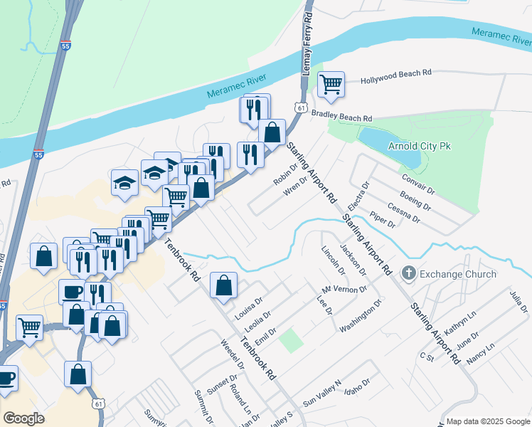 map of restaurants, bars, coffee shops, grocery stores, and more near 616 Wren Dr in Arnold