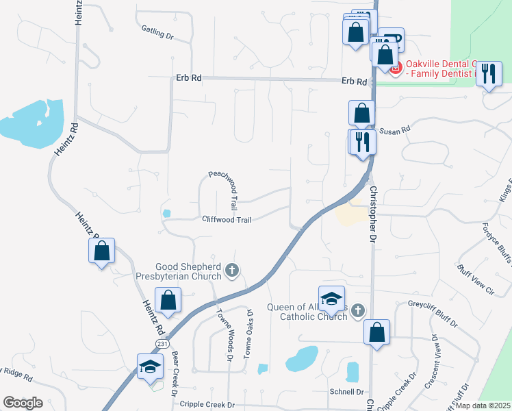 map of restaurants, bars, coffee shops, grocery stores, and more near 2652 Whitewood Trail in St. Louis