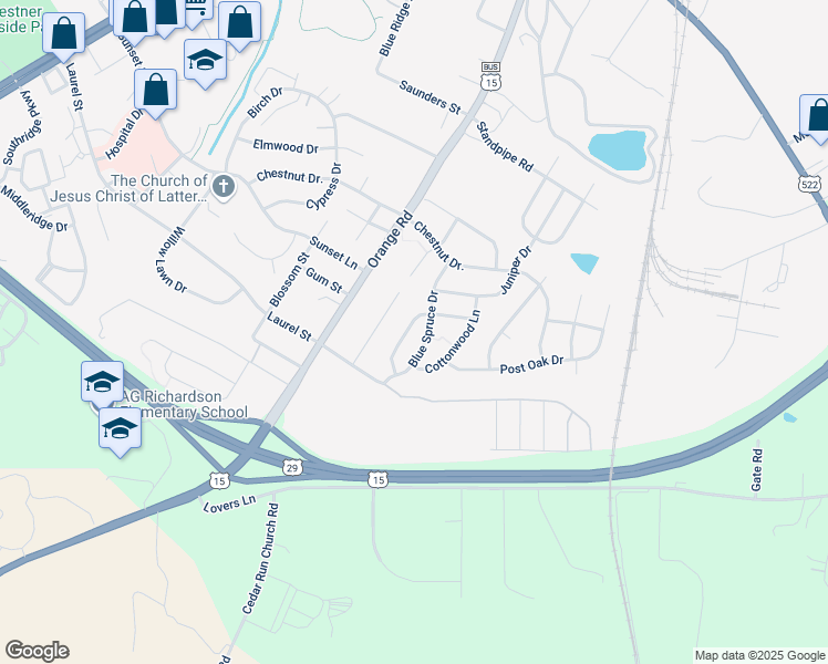 map of restaurants, bars, coffee shops, grocery stores, and more near 2237 Forsythia Drive in Culpeper