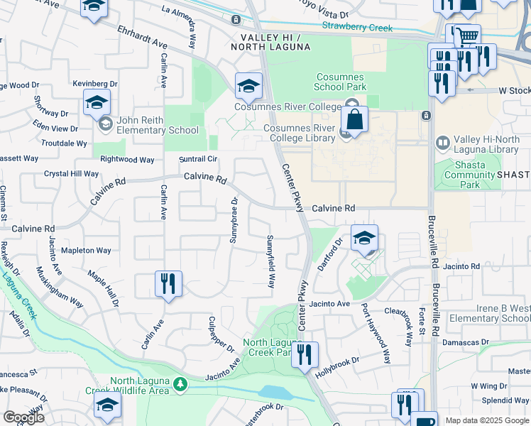 map of restaurants, bars, coffee shops, grocery stores, and more near 6450 Calvine Road in Sacramento
