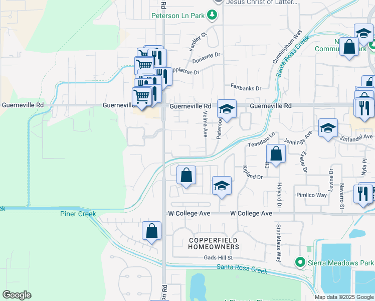 map of restaurants, bars, coffee shops, grocery stores, and more near 1359 Orsolini Place in Santa Rosa