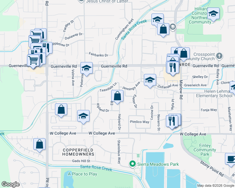 map of restaurants, bars, coffee shops, grocery stores, and more near 1183 Halyard Drive in Santa Rosa