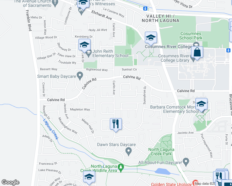 map of restaurants, bars, coffee shops, grocery stores, and more near 8483 Carlin Avenue in Sacramento