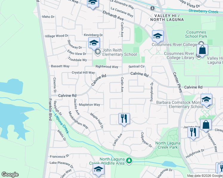 map of restaurants, bars, coffee shops, grocery stores, and more near 5954 Laguna Ranch Circle in Sacramento