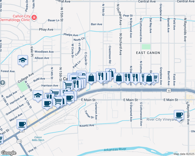 map of restaurants, bars, coffee shops, grocery stores, and more near 1806 Franklin Avenue in Cañon City