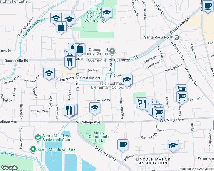 map of restaurants, bars, coffee shops, grocery stores, and more near 1537 Ridley Avenue in Santa Rosa