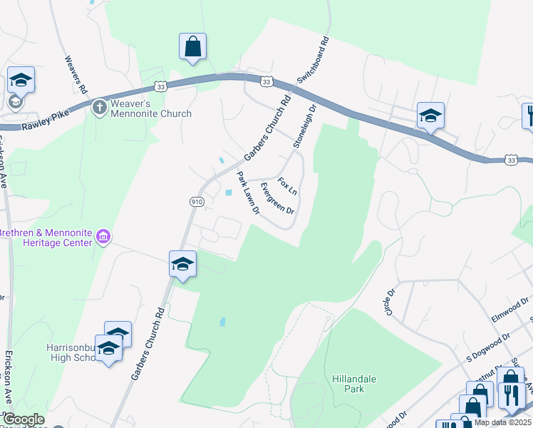 map of restaurants, bars, coffee shops, grocery stores, and more near 1748 Park Lawn Drive in Harrisonburg