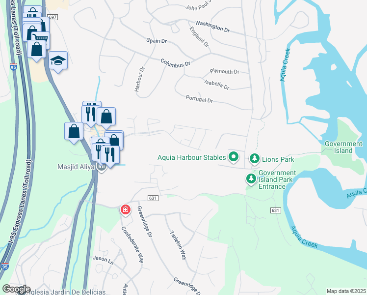 map of restaurants, bars, coffee shops, grocery stores, and more near 190 White Pine Circle in Stafford