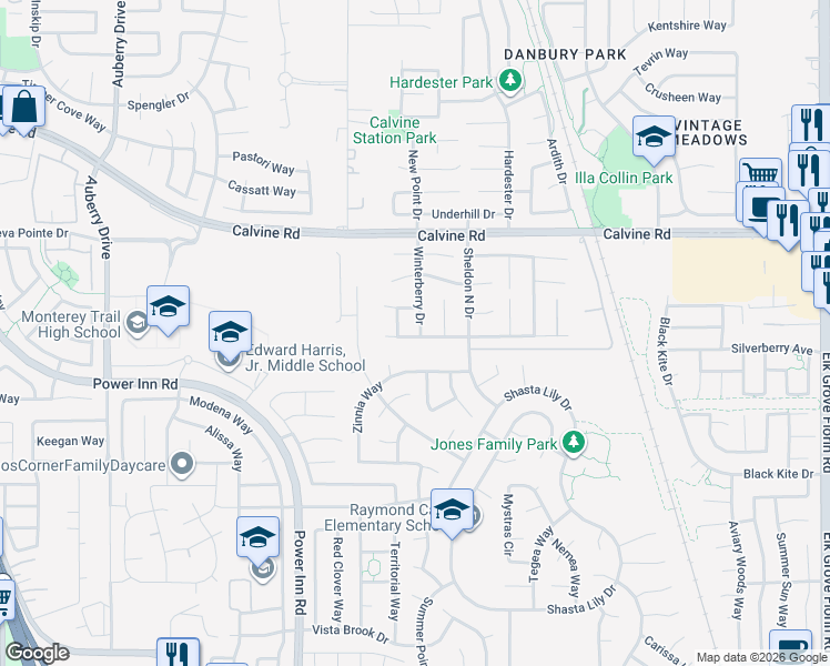 map of restaurants, bars, coffee shops, grocery stores, and more near 8480 Winterberry Dr in Elk Grove