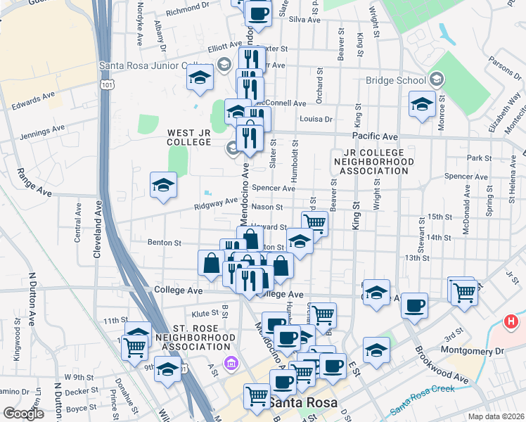 map of restaurants, bars, coffee shops, grocery stores, and more near 528 Nason Street in Santa Rosa